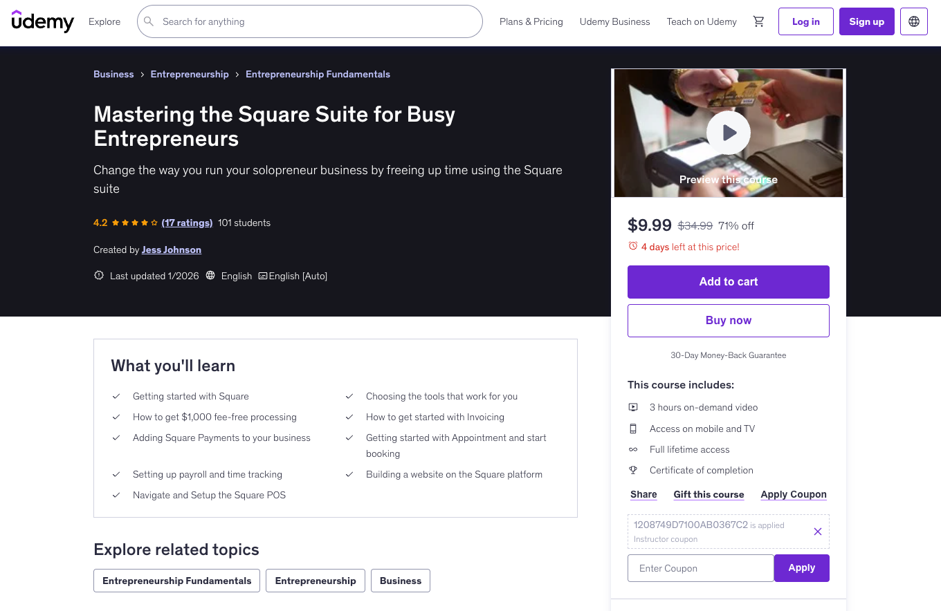 Mastering the Square Suite for Busy Entrepreneurs Udemy Course Screen Grab 
