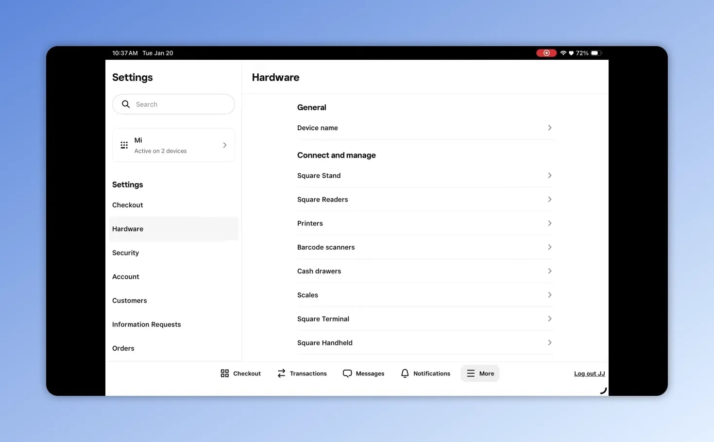 Square Settings — clean Hardware page showing 'General' and 'Connect and manage' with items like Device name, Square Stand, Square Readers, Printers, Barcode scanners, Cash drawers and more.