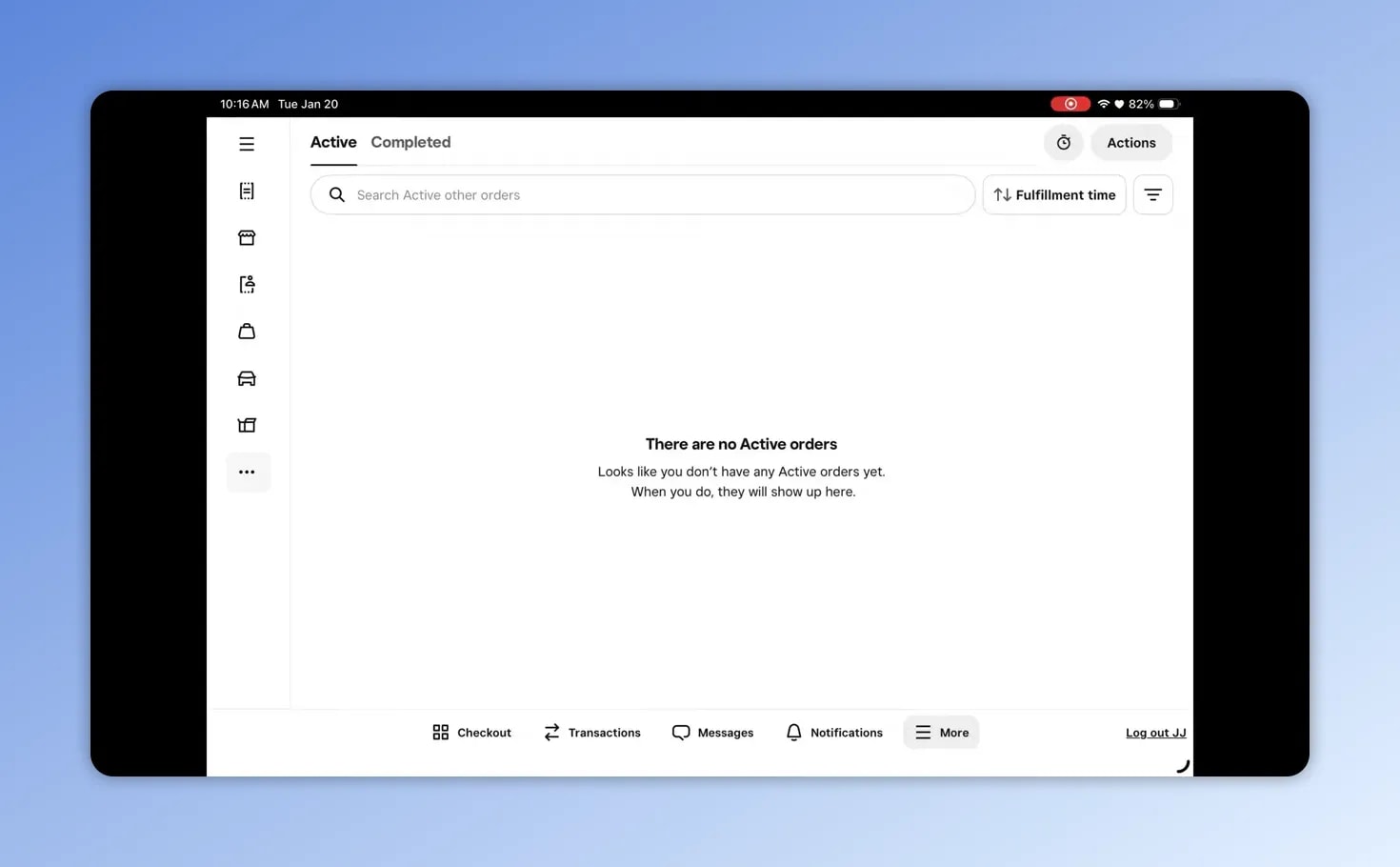 Square POS Orders screen — Active orders tab empty with header 'Active  Completed' and 'There are no Active orders' message.