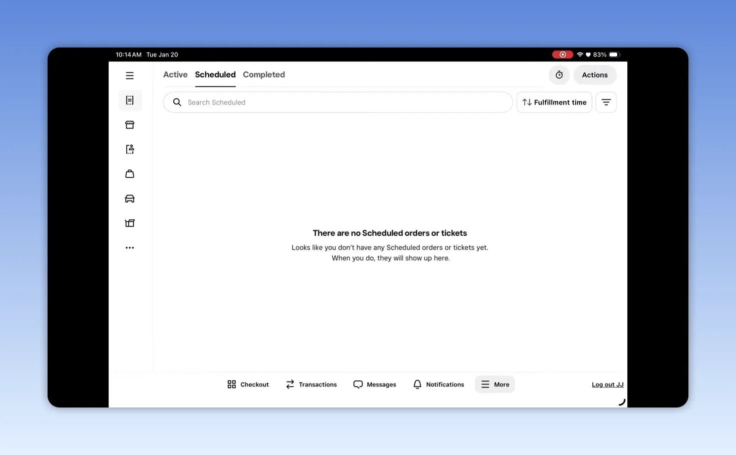 Square POS Orders screen — Scheduled tab empty message with left navigation icons and bottom navigation bar visible.
