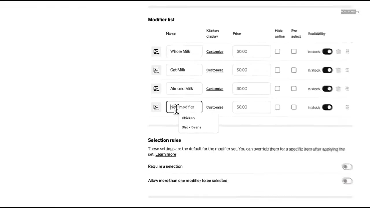 Square modifier set editor showing milk choices and pricing fields