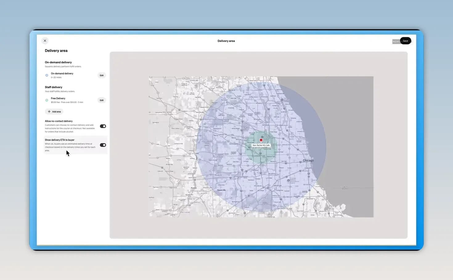 Square delivery settings showing a map with colored delivery areas