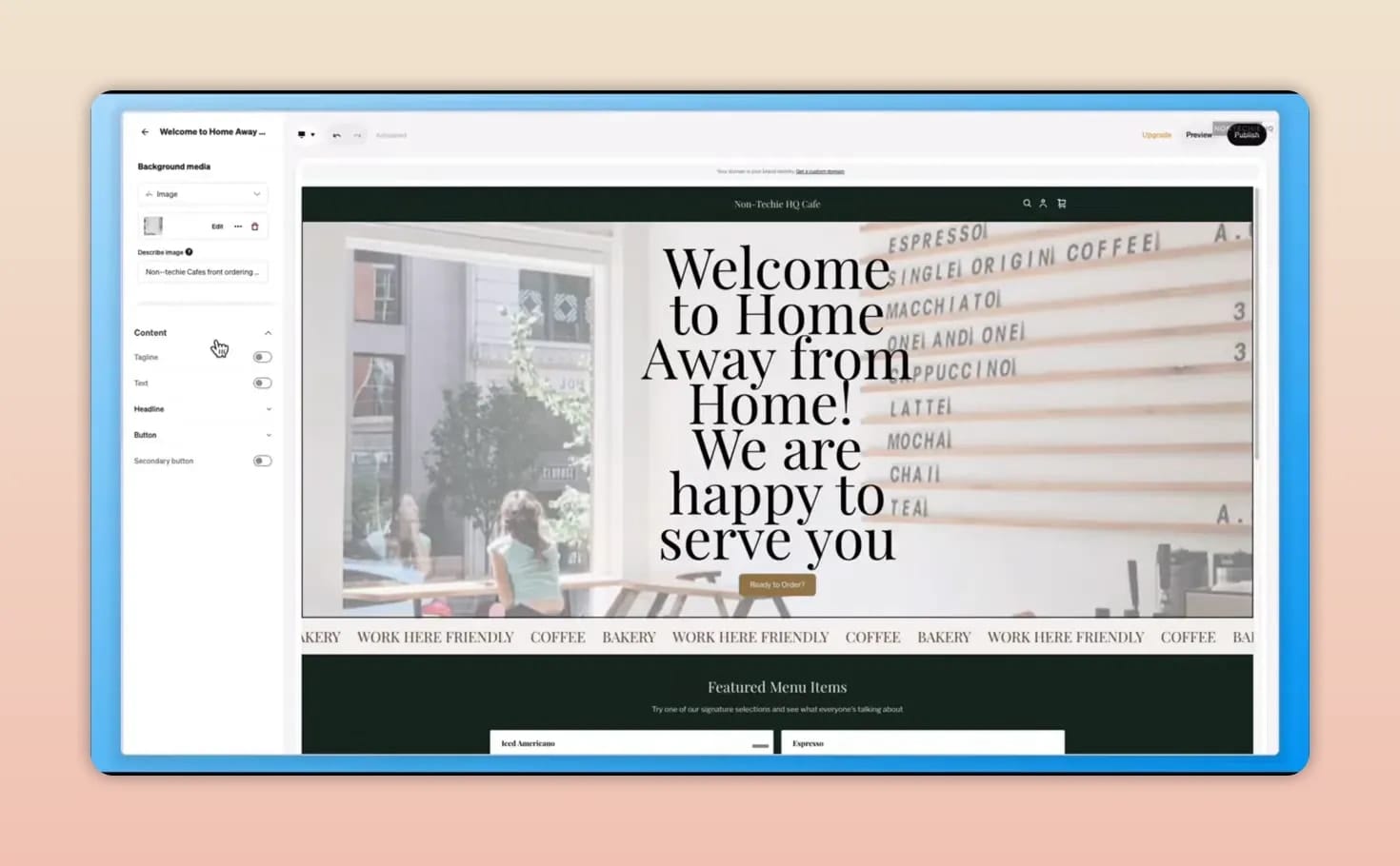 Square Online editor showing a cafe website layout beside editing controls