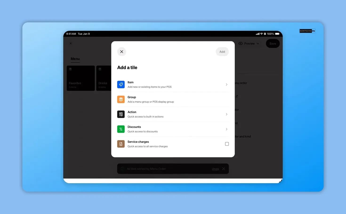 Add a tile dialog with Item, Group, Action, Discount, and Service charge options