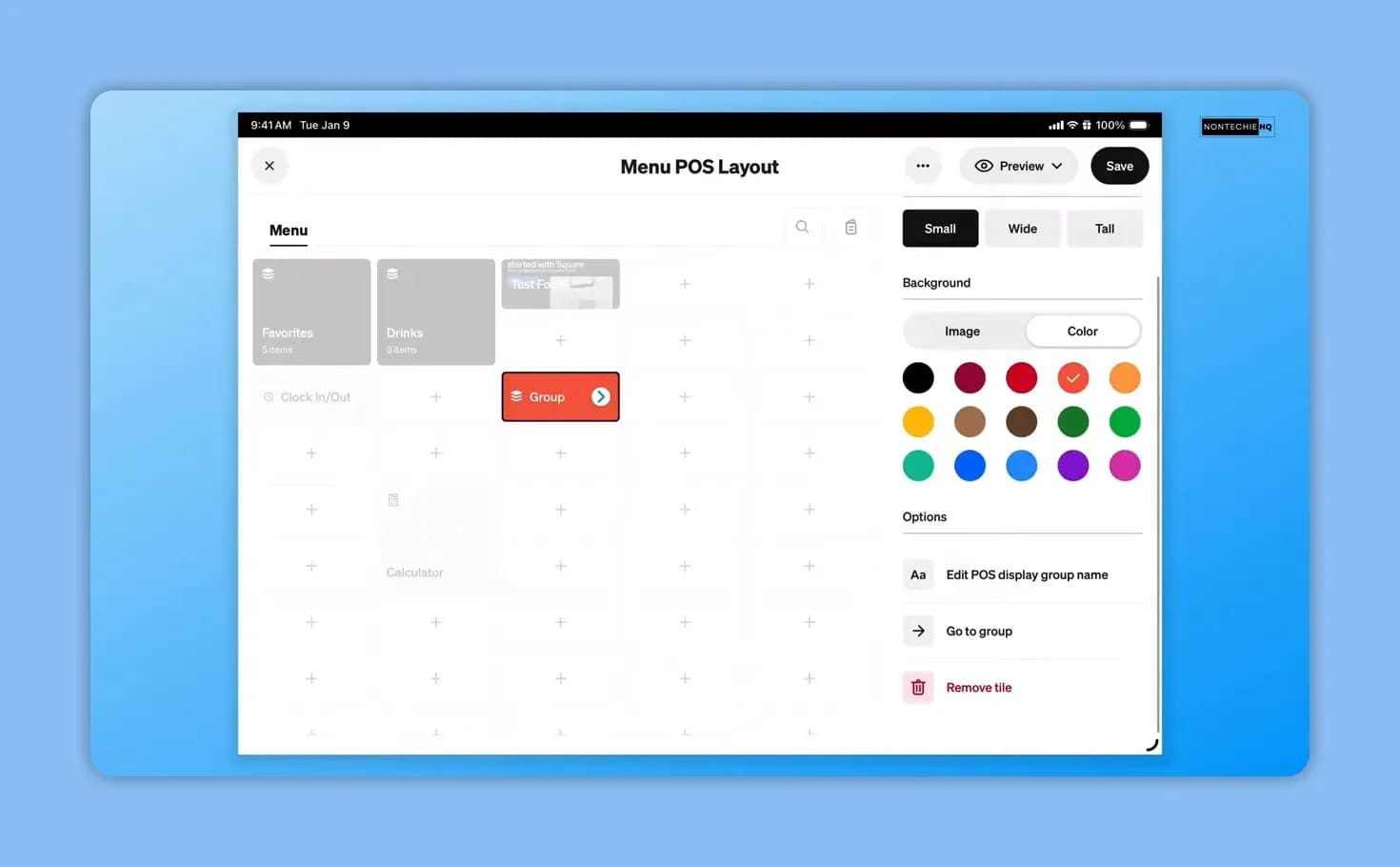 Red Group tile selected with size, color, display name, and Go to group controls