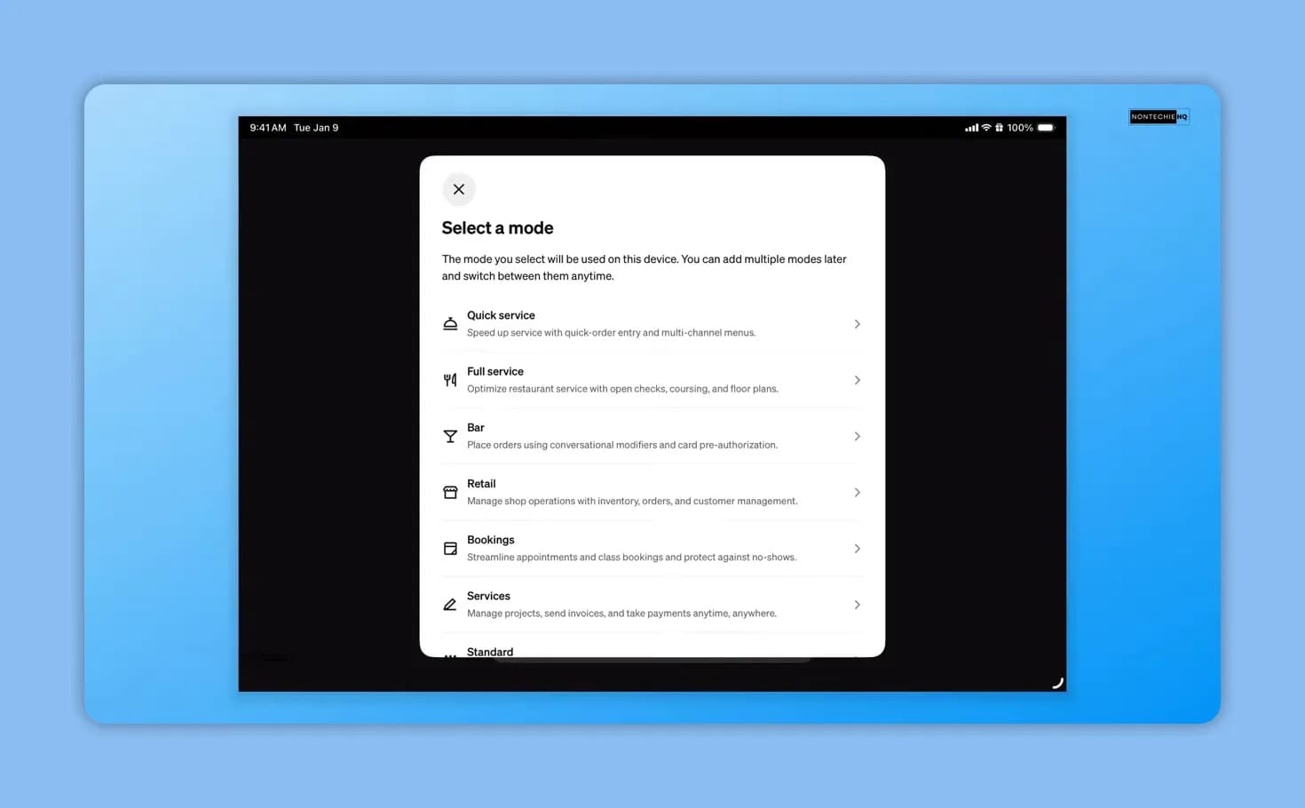 Select a mode dialog listing Quick service, Full service, Bar, and other modes
