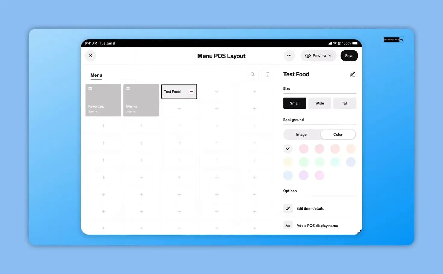 Test Food tile selected with Small, Wide, Tall, and background color controls in the sidebar